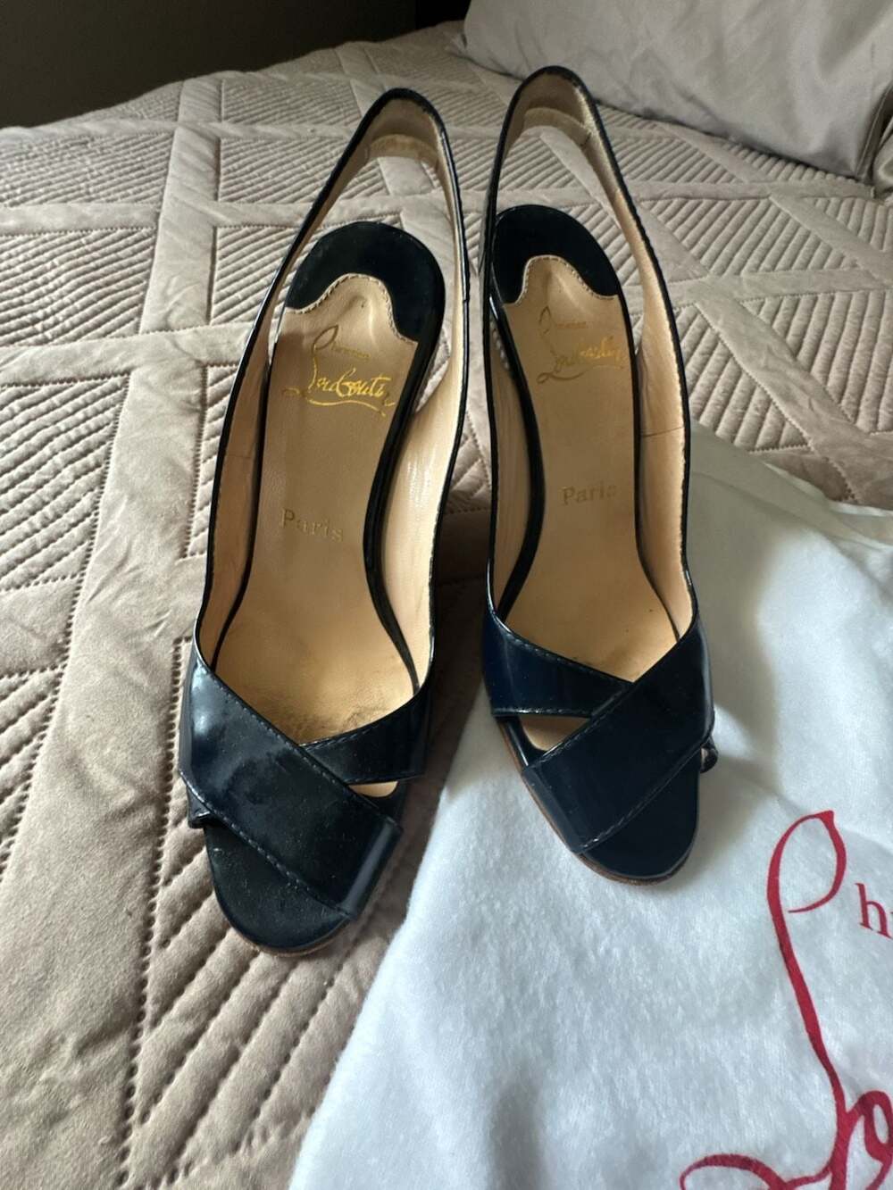 Christian Louboutin Black Patent Leather Slingback Wedges